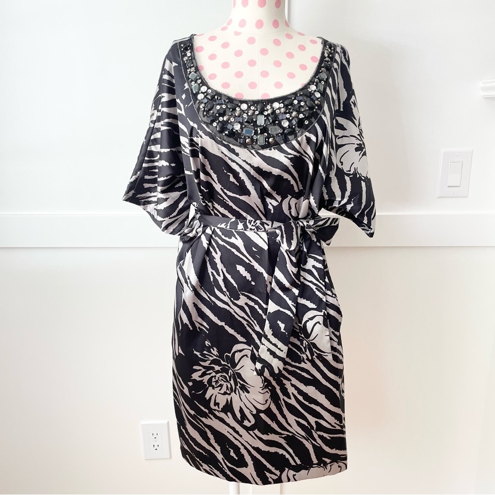 Suzi Chen For Maggy Boutique Floral Zebra Beaded Belted Dress Black Women’s 4